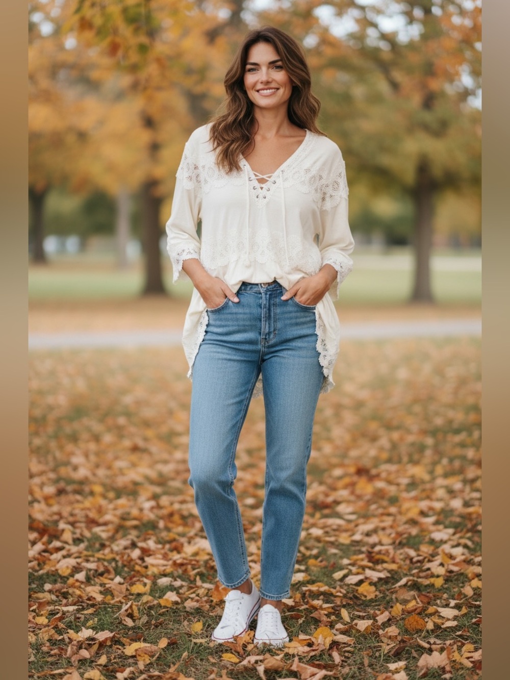 Roaman's Cream Lace-Trim Peasant Blouse